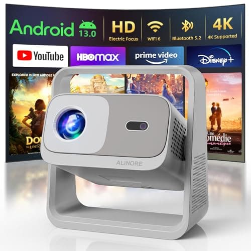 ALINORE Smart Projector with WiFi and Bluetooth, Built-in Apps, Electric Focus & Auto Keystone Portable Outdoor Projecor, Native 1080P Projector 4K Support, Movie Projector for Home Theater, grey