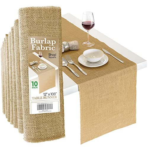 Burlap Table Runners, 12 x 108 Inch - 10 Pack Outdoor Jute Table Runners for Rustic Farmhouse Decor, Thanksgiving, Fall, Natural Color Edge