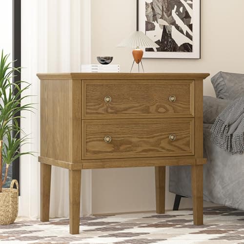IKENO Solid Wood Nightstand with 2 Drawers, 24“ Wide Wooden Bed Side Table, Tall Wooden Night Stand, End Table with 2 Drawers for Bedroom or Living Room, Teak