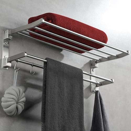 Taozun 24-Inch Towel Rack for Bathroom, Stainless Steel Bathroom Towel Shelf with Towel Bar, Hotel Towel Rack Wall Mounted with Hooks, Foldable Brushed Towel Holder