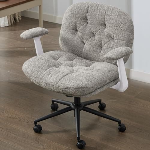 Criss Cross Chair with Flip-up Armrests, Cross Legged Office Chair with Wheels, Comfy Swivel Chair with Wide Seat for Women, Adjustable Makeup Vanity Chairs for Apartment, Home, Office, Grey