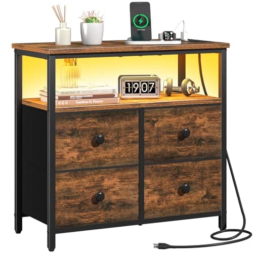 Yoobure Night Stand with Charge Station, Nightstand with 4 Drawers Bedside Table, LED Dresser with Storage Shelf, Night Stands for Bedroom, Side Table 3-Tier Wood End Table for Home Rustic Brown