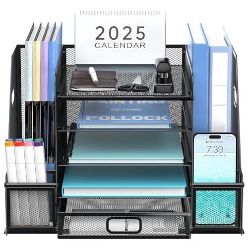 SUPEASY Mesh Desk Organizer with File Holder, 5-Tier Paper Letter Tray Organizer with Magazine Holder, Desktop Organizer and Storage with Drawer for Office Supplies Home or School (Black)