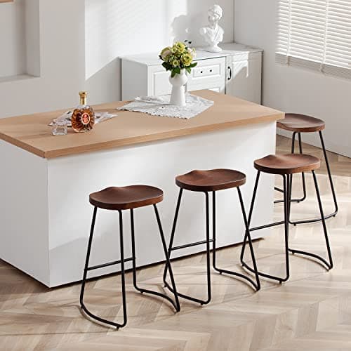 HeuGah Bar Stools Set of 4, Saddle Seat Bar Stools with Metal Legs, Rustic Backless Counter Height Stools, Industrial Counter Stools (Walnut, 4 PCS 26Inch Counter Stools)