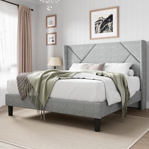 Feonase Queen Mordern Bed Frame with Wingback, Minimalist Upholstered Platform Bed, 8" Storage Space, No Box Spring Needed, Easy Assembly, Noise-Free, Light Gray