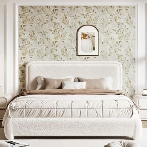 Kelway Upholstered Bed Frame Queen Size Modern Soft Boucle Bed Frame with Adjustable Heandboard, No Box Spring Needed, Easy Assembly, Creme