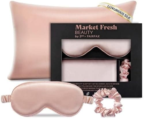 Market Fresh Beauty Mulberry Silk Pillowcase Gift Set, Eye Mask, Pillowcase, and Scrunchie for Gentle Sleep Reducing Breakage, Tangles, Creases, and Wrinkles - Queen Size - Pink
