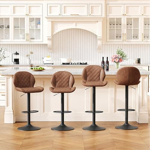 FIRAVOE Bar Stools Set of 4, Brown Swivel Bar Stool with Back, Adjustable Bar Stool 24"-33", Faux Leather Upholstered Bar Stools, Modern Counter Height Barstools for Kitchen Island (Brown, 4PCS)