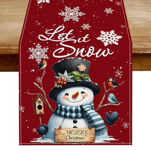 Christmas Table Runner - Red Snowman Snowflake Winter Holiday Decorative Farmhouse Table Decorations for Kitchen Dinning, Indoor Outdoor Dinner Party Decor 13x72 Inch