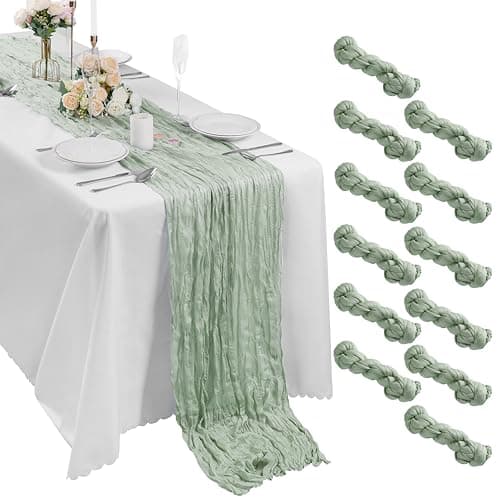 Bailarina 12 Pack Cheesecloth Table Runner 17x108 Inch Long Gauze Cheese Cloth 9ft Wrinkled Sheer Table Runner for Wedding Reception Birthday Party Table Decoration (Sage Green)