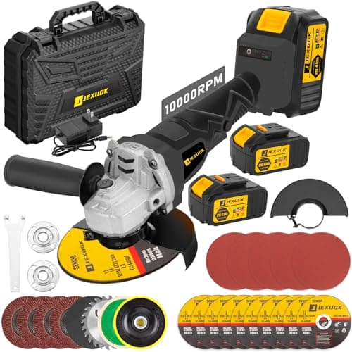JEXUGK 5" Cordless Angle Grinder Kit, 21V 2 x 4.0Ah Batteries Grinders, 10000RPM Brushless Electric Metal Grinder w/ 10x5" Cutting Wheels, Ergonomic Button Position for Reducing Hand Pressur