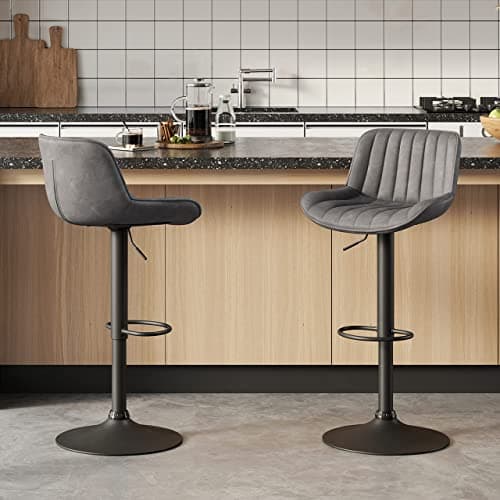 Volans Bar Stools Set of 2, Mid Century Modern Faux Leather Swivel Adjustable Height Bar Stool, Counter Height Pub Bar Chair with Back, Black Powder Coated Base, Gray