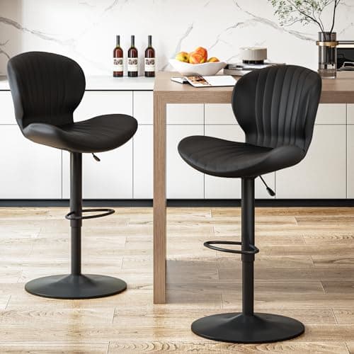 Waleaf Modern Adjustable Bar Stools Set of 2, Faux Leather Upholstered Swivel Counter Stools, Counter Height Bar Stools with Large Base, Easy 5 Minute Assembly for Kitchen Island (Black, Set of 2)