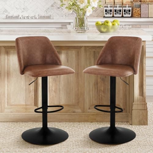 COLAMY Bar Stools Set of 2, Modern Swivel Bar Chairs, Adjustable PU Leather Upholstered Barstools Counter Height with Full Backrest for Bar, Dining Room, Kitchen Island, Brown