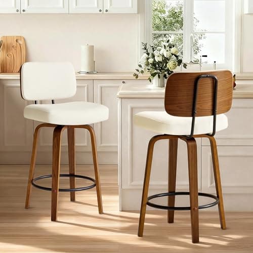 CozySpot Counter Height Bar Stools Set of 2, 26+inch Swivel Faux Leather Barstool with Back, Upholstered Mid-Century Modern Bar Chairs with Bent Wood Legs for Kitchen Counter, Dining Room