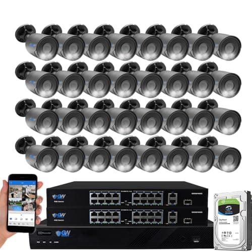 GW 4K Outdoor/Indoor Face Recognition/Human/Vehicle Detection Security Camera System, 32 Channel 12MP PoE NVR, 32 x 4K 8MP UltraHD Smart AI IP Microphone Bullet Camera, 24-7 Video & Audio Recording