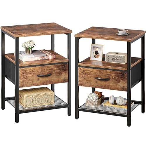 Huuger Nightstand Set of 2, Night Stand with Fabric Drawer, Mesh Shelf, Side Table with Storage, Fabric Drawer Dresser, Open Shelf, Metal Frame, Bedroom, Rustic Brown