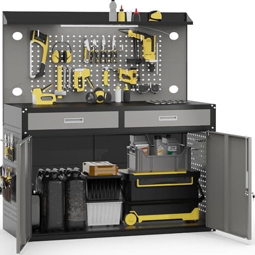65" Heavy Duty Workbench with Drawers and Lockable Storage Cabinet- 2500 LBS Capacity Work Bench with Pegboard,Work Table with Adjustable LED Light for Garage,Workshop and Repair Shop