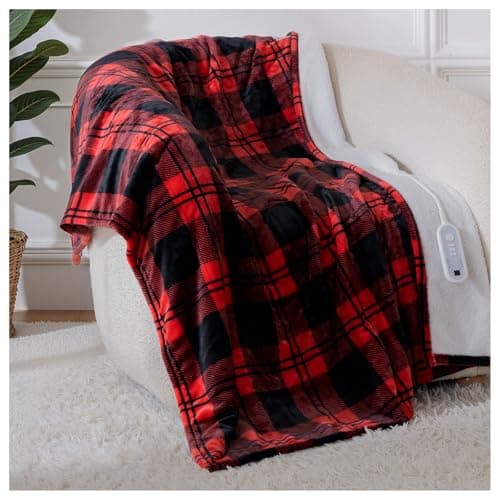 LunaHush Electric Blanket Heated Throw, 50" x 60" Heated Blanket with 8 Heat Levels & 8 Hours Auto Off, Fast Heating Flannel Blankets with ETL & FCC Certification, Red Plaid