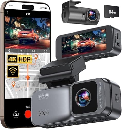 Dashcam Pro 2.0 4k with Front and Rear Camera, GPS, Free 64GB Card, Dashcam with Parking Monitoring, 170° Wide Angle, Night Vsion & Parking Mode
