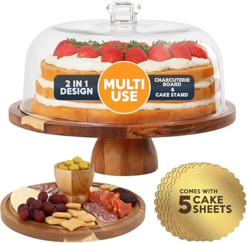 Linda’s Essentials Acacia Wood Cake Stand with Lid (Acrylic) 12 Inch Round Cake Holder Stand with 5 Bonus Cake Sheets, 2-in-1 Wooden Cake Stand with Dome & Charcuterie Board for Cheese, Cake Plate
