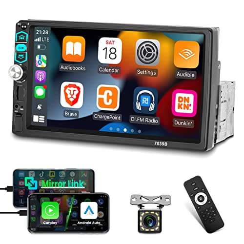 Single Din Car Stereo with Wired Carplay & Android Auto, 7 inch Touch Screen 1 Din Radio, Mirror Link/1080P/Bluetooth/SWC/FM Radio+ Backup Camera+ MIC