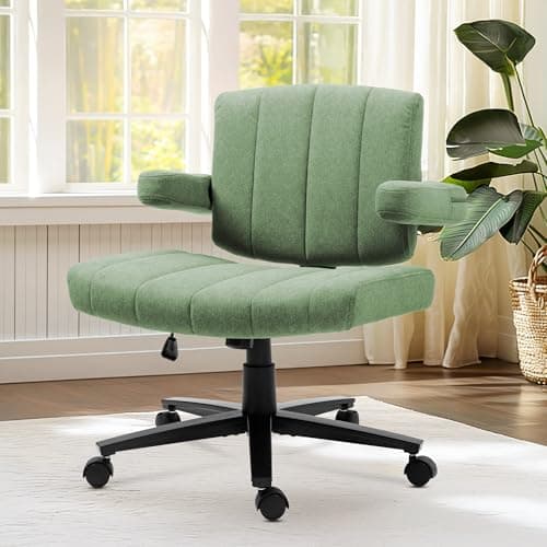 Vigosit Criss Cross Chair with Wheels – Comfortable Vanity Chair, Wide Rolling Cross Legged Office Chairs with Arms, Adjustable Desk Chairs Comfy for Home Office (Green)