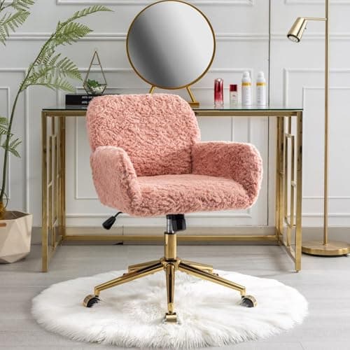 Henf Pink Faux Fur Upholstered Desk Chair Makeup Vanity Chair for Girls,Swivel Office Chair with Gold Base,Height Adjustable Tiltable Computer Chair,Cute Desk Chair for Kids