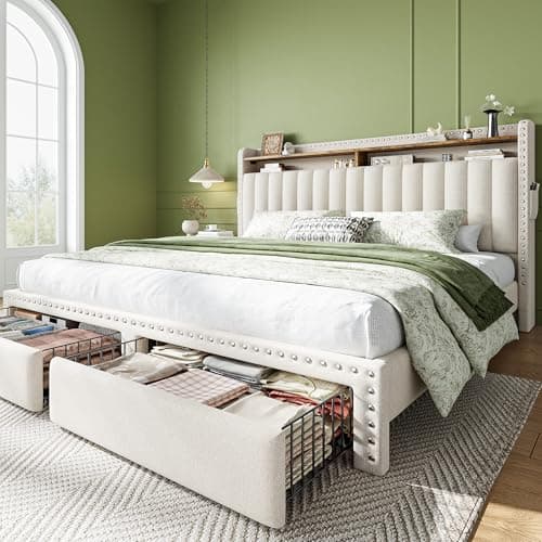EnHomee King Size Bed Frame with 2 Storage Drawers & Upholstered Headboard,No Box Spring Needed, Easy Assembly, Noise Free, Beige