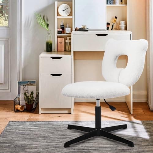 CLATINA Armless Small Fabric Office Desk Chair, Ergonomic Modern Cloth Swivel Computer Task Chair No Wheels, Comfy Cute Cat Shape Vanity Chair Height Adjustable for Home Bedroom Makeup Room, White
