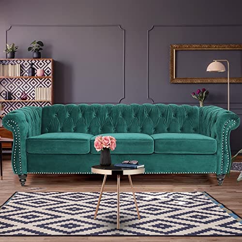 ORRD Chesterfield Sofa Velvet, Modern Tufted Couch 3 Seater with Rolled Arms and Nailhead for Living Room, Bedroom, Office, Apartment (Green)