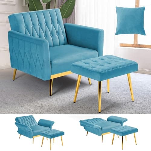 ACMEASE Velvet Accent Chair with Adjustable Armrests and Backrest, Button Tufted Lounge Chair, Single Recliner Armchair with Ottoman and Pillow for Living Room, Bedroom, Baby Blue