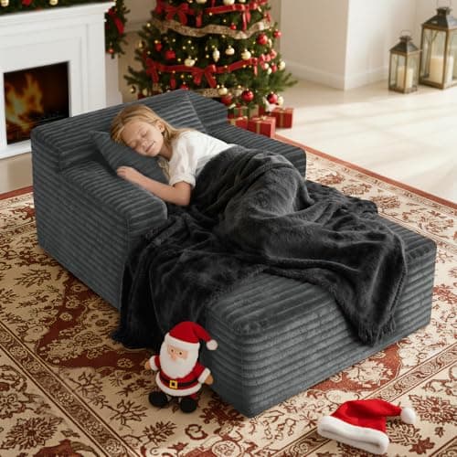 45'' Chaise Lounge Chair Indoor, Corduroy Upholstered Boneless Sofa Bed, Deep Seat Sleeper Couch Reading Chairs, Small Comfy Cloud Sofas Couches for Living Room, Bedroom, Movie Room (Dark Grey)