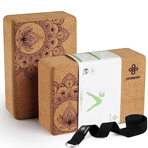 Overmont Cork Yoga Blocks 2 pack with 8ft Strap Natural Cork Bricks- High Density & Eco Friendly Yoga Accessories for Women - Ideal for Yoga Pilates General Fitness and Stretching 9x6x3''