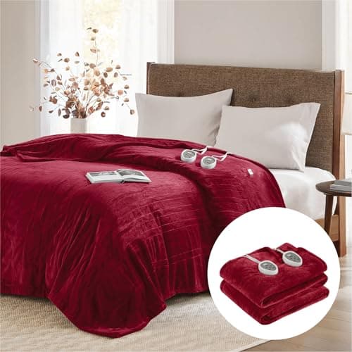Degrees of Comfort Electric Blanket King Size, Dual Control W/Auto Shut Off, Large Fleece Heated Blanket for Bed, Machine Washable, Red, 100Wx90L