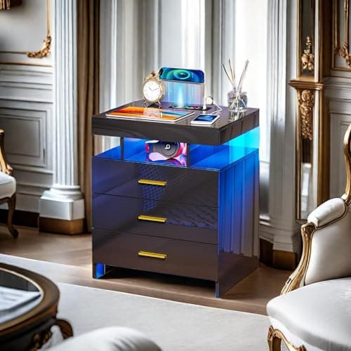 GlasFlength Nightstand with Wireless Charging Station Auto LED,High Gloss Bedside Tables with 3 Drawers & USB Ports, Smart Nightstand with RGB 24 Color & Adjustable Brightness, End Table Black