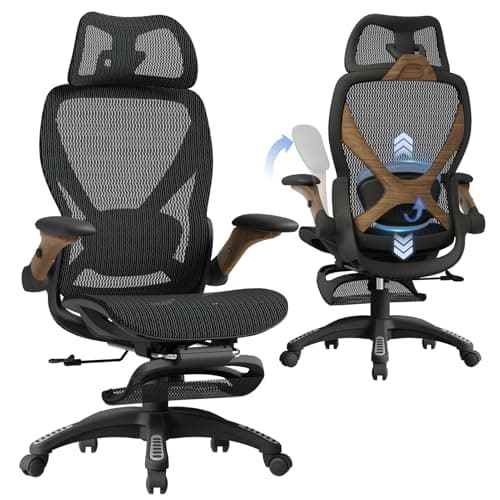 ELABEST X100 Ergonomic Office Chair with Footrest, Big and Tall Home Desk Chair with 5D Flip-Up Arms, Adjustable 3D Lumbar Support,High Back Rolling Computer Chair, Swivel Mesh Chairs (Library Oak)