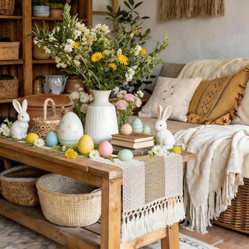 yuboo Boho Table Runner Short, Small Neutral Spring Table Runner 36 Inches, Macrame Dresser Scarf for Nightstand, Coffee Table, End Table, Bedside Table, Rustic Desk Dresser Decor
