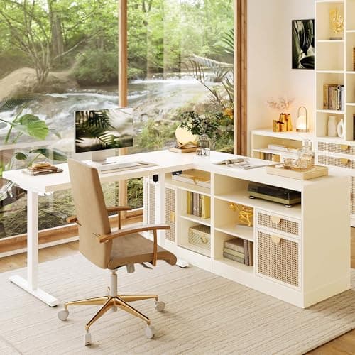 ModernMate 67" L Shaped Standing Desk with Drawers and File Cabinet, AC/USB, 1.18" Desktop, Height Adjustable Wood Desk, Electric Desk with Multiple Functions for Home and Office, White Rattan