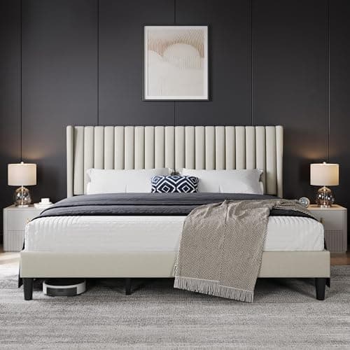 Yaheetech King Bed Frame Upholstered Platform Bed with Fabric Headboard, Wing Edge Design/Non-Slip and Noise-Free/Wooden Slats Support/No Box Spring Needed/Easy Assembly, Beige King Bed