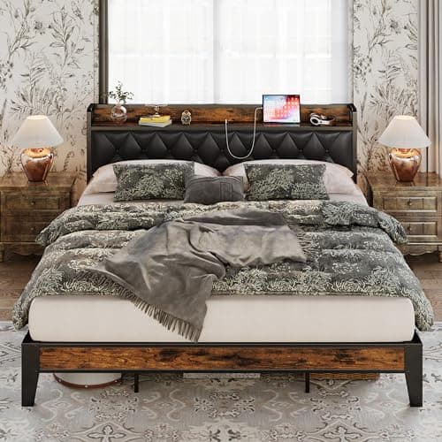 ANCTOR California King Bed Frames, Storage Headboard with Outlets, Easy to Install, Sturdy and Stable, No Noise, No Box Springs Needed, Rustic Brown and Black