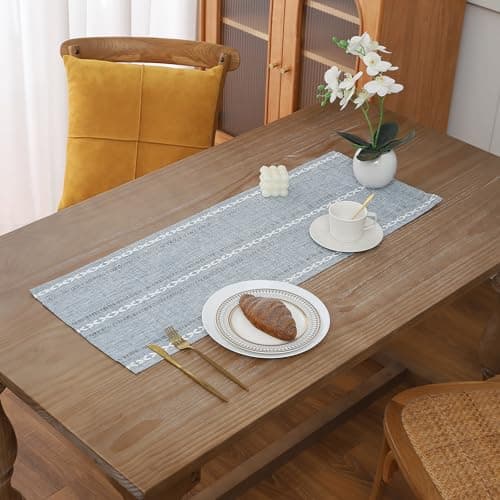 Gernaice Boho Table Runner, Rustic Cotton Linen Farmhouse Table Runners for Dresser End Coffee Table Home Decor, 24" L X 13" W Blue