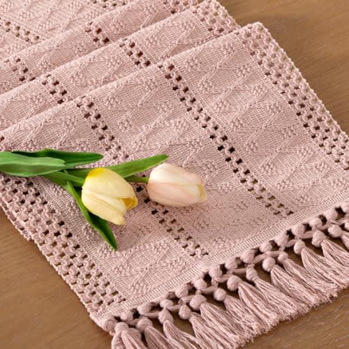 Socomi Boho Table Runner Easter Spring Farmhouse Rustic Dining Kitchen Centerpiece Decor Small Macrame Woven Cotton Linen Coffee Table Runner for Dresser Scarf Home Decor 12x36 in Pink