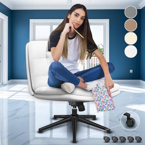 Criss Cross Desk Chair for Cross Legged Sitting, Easy to Assemble with Wheels - Premium Detachable Wheel and Swivel Design, Cozy White Ergonomic Office Chair with Wide Comfy Seating