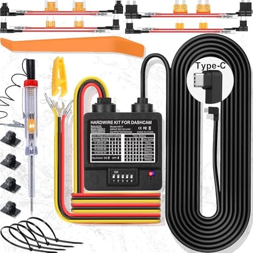 Dash Cam Hardwire Kit, USB C 3-Wire Dashcam Hardwire Kit 24h Parking Mode Dash Camera Charger Power Cord 11.5ft 12-24V to 5V/1-3A Low Voltage Protection with Fuse Tap for Dashcam, GPS, Radar (Type C)