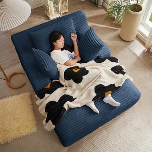 50 Inches Chaise Lounge Indoor, Oversized Chaise Lounge Chair with 3 Throw Pillows and Armrests, Corduroy Upholstered Plush Sofa Bed Lazy Chair Bed Sleeper Chair for Living Room Apartment (Blue)