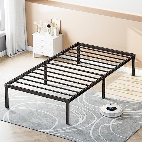 OLIXIS Metal Twin Bed Frame - 14in High with Storage Space, No Box Spring Needed with Sturdy Steel Slat Support, 350LBS Heavy Duty for Easy Assembly, Black for Bedroom