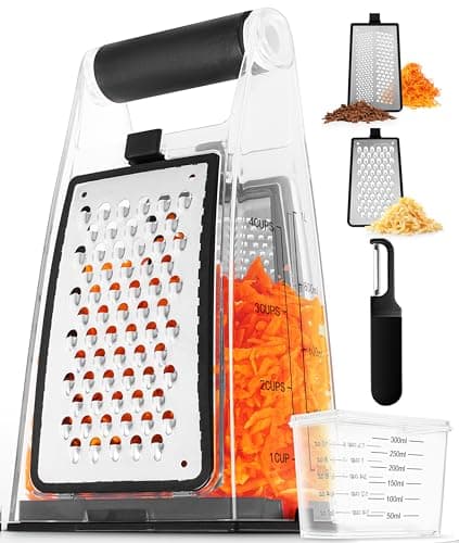 BASSWOOD Cheese Grater with Container - Box Grater Cheese Shredder Lemon Zester Grater - Cheese Grater with Handle - Graters for Kitchen Stainless Steel Food Grater - Vegetable Peeler and Storage Box