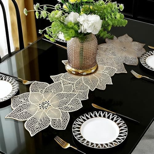 FAVE Gold Table Runners 36 Inches Valentines Day Decorations Flower Shaped Table Runner Waterproof Washable for Wedding, Banquet, Birthday,Party,Restaurant(Gold Flower Shaped)