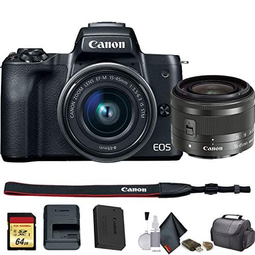 Canon EOS M50 Mirrorless Vlogging Digital Camera with 15-45mm Lens, Camera Bag, 64GB Memory Card, Cleaning Set + More (2680C011) - Starter Bundle